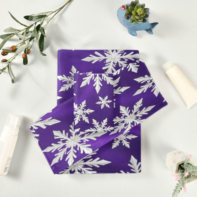 Dussdil Purple Christmas White Snowflakes Bathroom Towel Set of 3 Pcs Snow Hand Fingertip Towels 1 Bath Towel 1 Hand Towel 1 Washcloth for Home Bathroom Beach Swim Soft Highly Absorbent Multipurpose Decor - Image 5